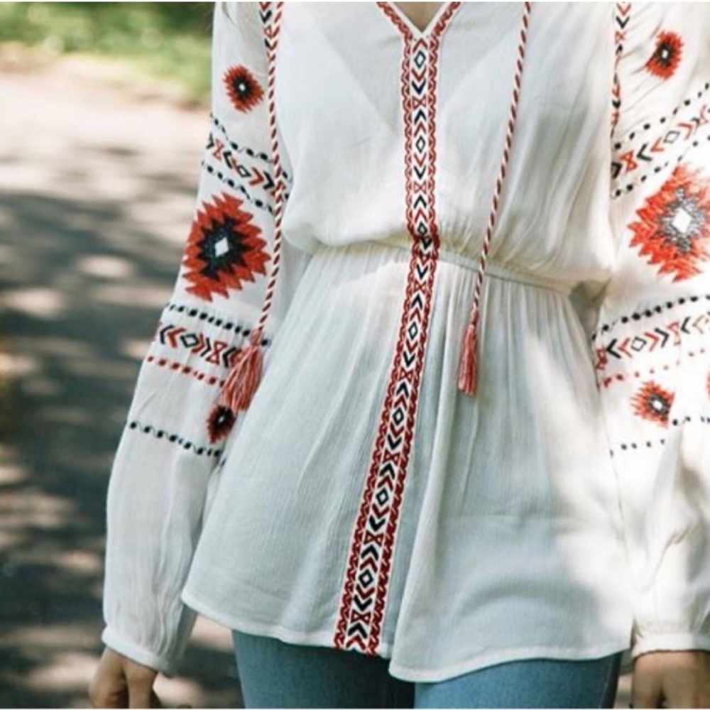 Amanda Green Embroidered White Red Women's long sleeve Top shirt boho size XL